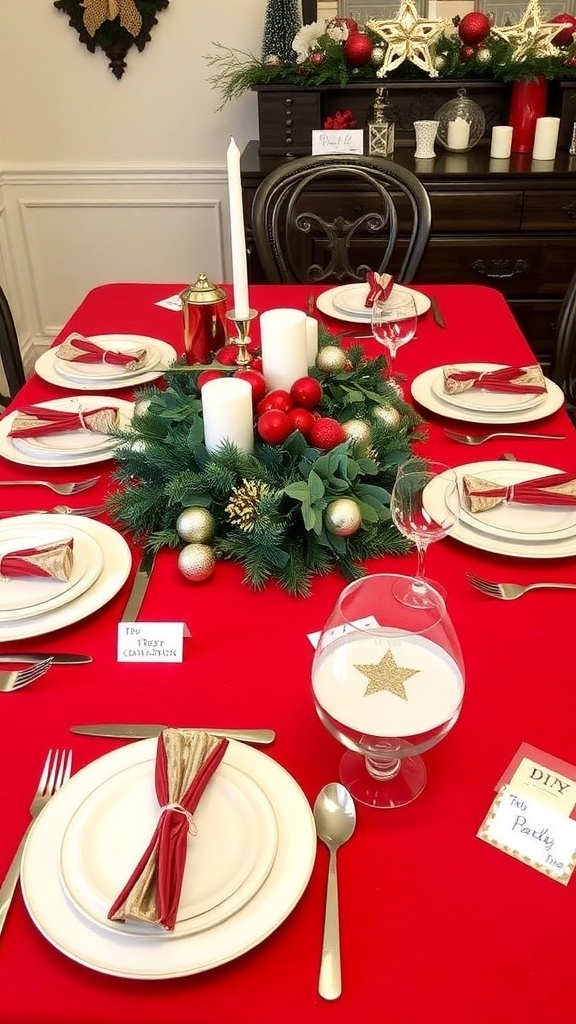 Simple DIY Christmas Table Settings A Christmas table setting with red tablecloth, candles, and greenery centerpiece.